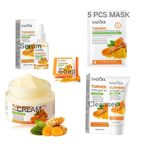 Nourishing 9 Pieces Set Tumeric moisturizing and skin glowing Skin Care Set Turmeric Face Cream Serum 5 Face Masks Face Cleanser For Treating Dark Spots Anti-wrinkles Smoothening Face Improving Skin Texture Set
