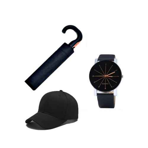 Strong Foldable Checked Umbrella Compact Size With Opening Switch & Smooth Curved Handle + FREE GIFTS Classic Wrist Watch
