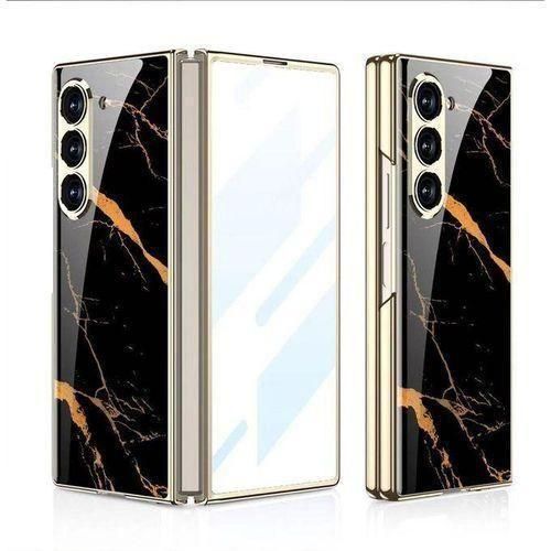 Thin Tempered Glass Phone Case Protective Cover for Samsung Galaxy Z Fold 3/4/5/6/7 5G Fashion Electroplated PC Back Cover, Marble