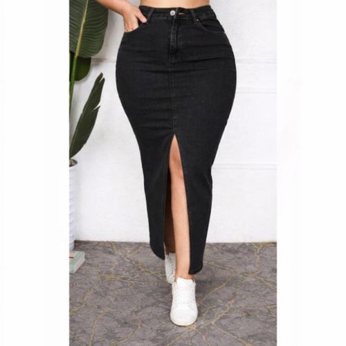 Elegant High-Waist Stretch Denim Pencil Skirt with Front Slit Sculpting Bodycon Fit- Black