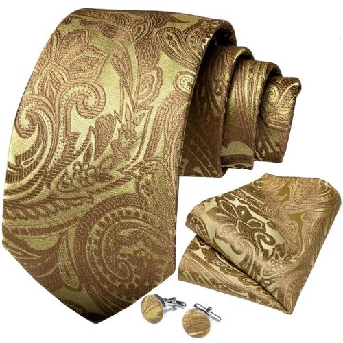 Gold jacquard floral necktie with cufflinks and pocket square