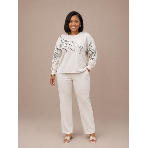 Cream Two-Piece Lounge Set Printed Long Sleeve Top Straight-Leg Pants