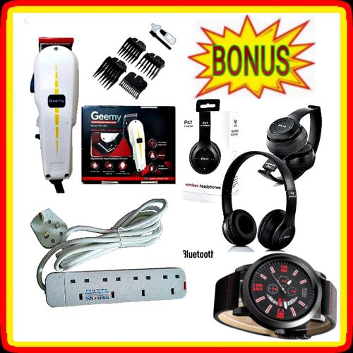 Durable Electric CLIPPER HAIR BEARD SHAVING MACHINE + EXTRA BONUS P47 BLUETOOTH WIRELESS HEADPHONES & HEAVY DUTY 4 WAY POWER EXTENSION CABLE SOCKET & WRIST LUXURIOUS WRIST MEN WATCH & JEWELERY BRACELETS