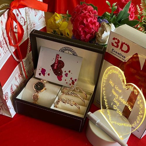 ANDE KLEVN Ladies Luxury Gift Pack – Watch, 3 Bracelets, LED Message Board Lamp, Gift Card & Ribbon Gift Bag – Perfect Valentine, Birthday & Appreciation Gift