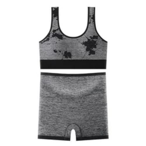 Splatter-Print Crop & Shorts Sports Set – Free Size, Grey/Black