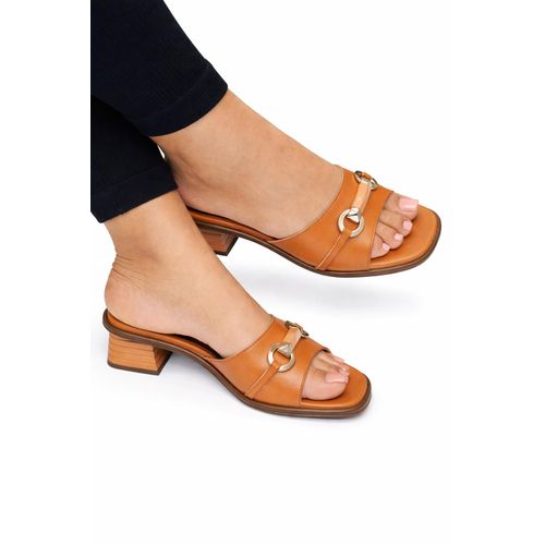 Womens Elegant Brown Low Heel Slide Sandals with Metal Detail