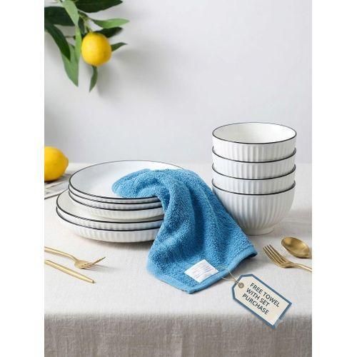 CERAMIC CONCISE DINNER SET 6 BOWLS + 6 8INCH PLATES + FREE KITCHEN TOWEL