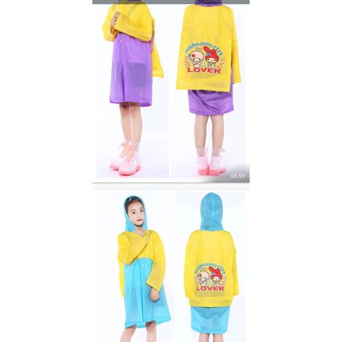 Kids Portable PVC Carton Raincoat with Hood and School Bag Pocket Waterproof