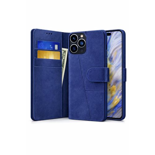 iPhone 16 Pro Max Executive Leather Wallet Flip Cover – Magnetic Stand Shockproof Case - Blue