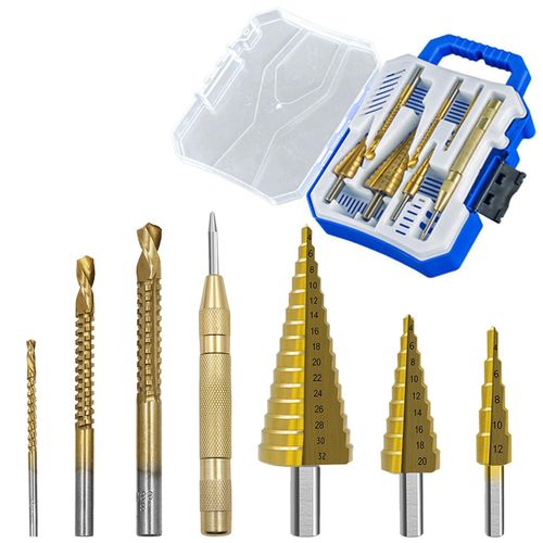 Step Drill Bit and twist drill Set 7 Piece Titanium Coated with Automatic Center Punch Short Length Double Cutting Blades High-Speed Steel Covering 29 Sizes Complete with Aluminum Case