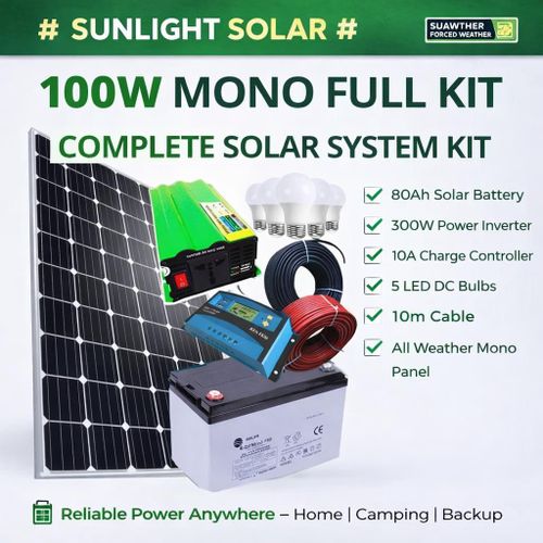 100Watts Solar Panel Special All Weather Mono Full Kit 80AH Solar Battery 300W Solar Power Inverter 10Ah Charge Controller 5 DC Bulbs 10M Cable