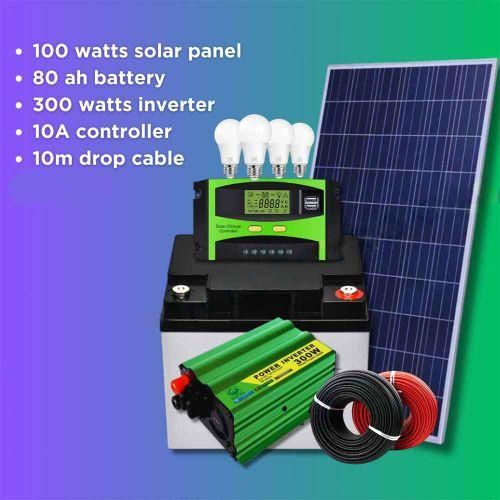 100 Watts Full-kit With100 Watts Solar Panel + 80 AH Battery + 300 Watts Inverter + 10 Amp Controller + 4 Bulbs+Dropping Wire