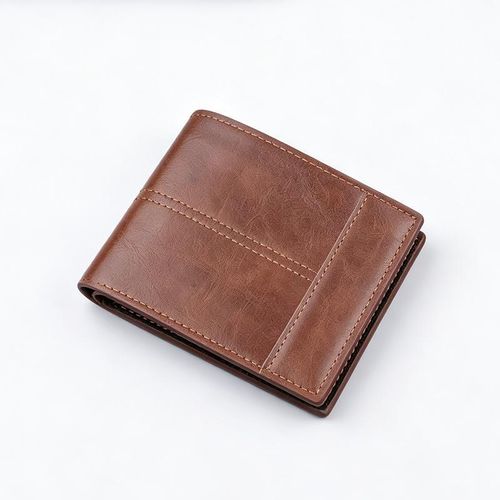 Mens Trifold Leather Wallet Large Capacity Card Holder with Zipper Coin Pocket - Brown