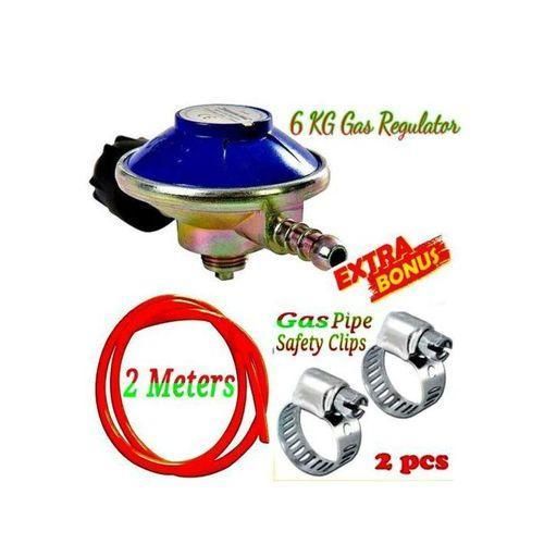 Gas Regulator Gas Cylinder 6kg Plus EXTRA GIFTS Delivery Hose Pipe 2M & 2- Safety Gas Clips Clamps For Double / 2 Burner Cooker