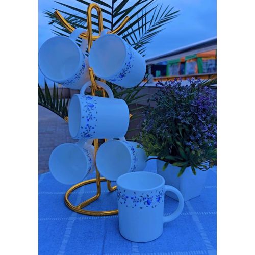 6PC Blue Flowered Luminarc Mugs 300ml – Elegant Glass Coffee & Tea Cups Set