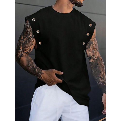 Men's Summer Crew Neck Tank Top Sleeveless Grommet Eyelet Casual Shirts Streetwear