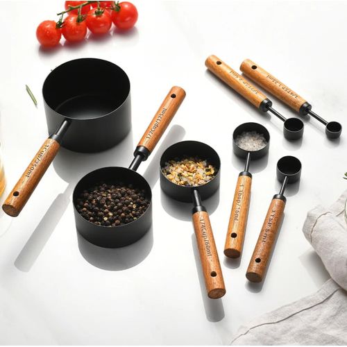 Stainless Steel Measuring Cups and Spoons, Wooden Handle Baking Measuring Set
