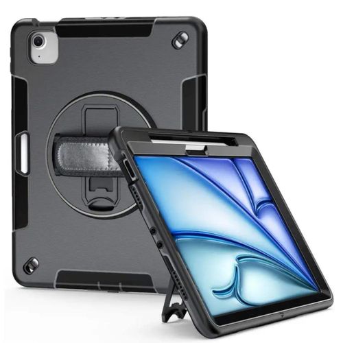 iPad Air 11 2024 (Air 6) Pisen Rugged Tablet Case – Protective Back Cover with Adjustable Hand Strap, 360° Rotating Stand, and Built-In Stylus Holder