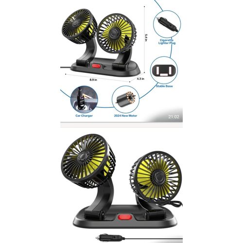 Dual-Head Car Cooling Fan – USB & 12V or 24V Powered, 360° Adjustable, 2 Speeds
