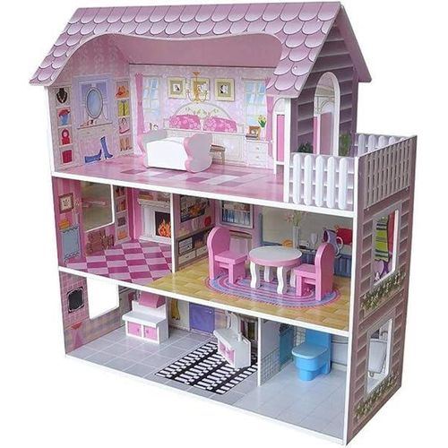 Large Wooden Doll House – Kids Play Set with Furniture