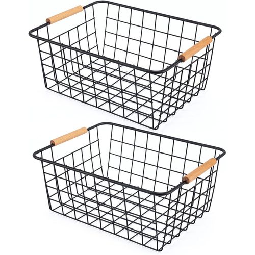 2pcs Black Metal Wire Storage Baskets, Pantry Baskets For Organizing, Wire Food Storage Basket Organizer With Wooden Handles For Kitchen, Pantry, Freezer - 29 X 22 X 12cm