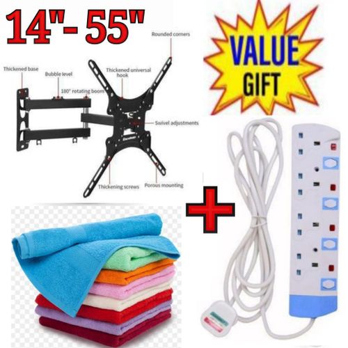 HOME DESIGN ROTATING 14" - 55" FULL MOTION SWIVEL TV BRACKET+FACE TOWELS+4 WAY POWER EXTENSION WITH LONG CABLE