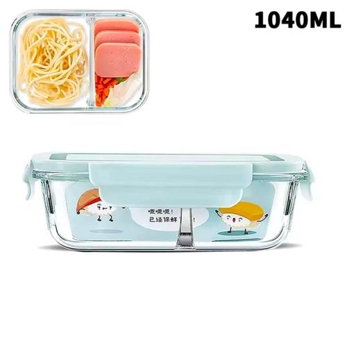 Premium 1040ml Partitioned Borosilicate Glass Bento Box – 1Pc Rectangular Heat-Resistant Food Storage Container with Built-in Glass Divider, Airtight Leakproof Snap & Lock Lid Lunch Box