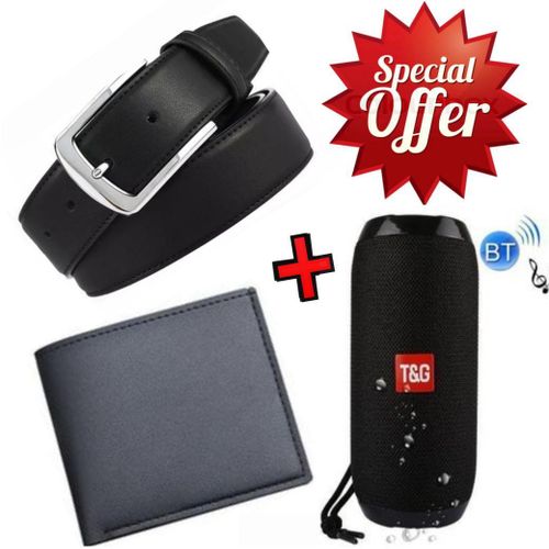 Elegant Black Leather Automatic Buckle Belt For Men's Official Use - Black+Wallet + Bluetooth Speaker....