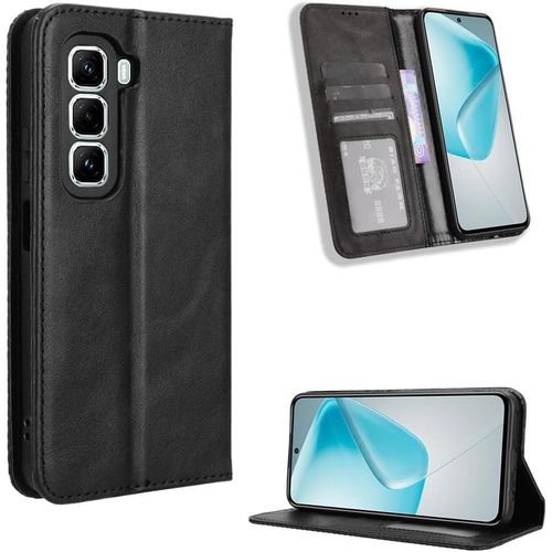 Infinix Hot 60i 4G Phone Case, Wallet-Style Black Retro Leather Flip Cover with All-Round Protection