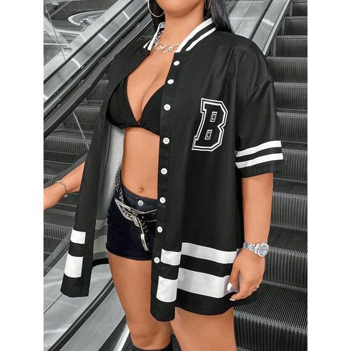 Womens Oversized Baseball Shirt Jacket Short Sleeve Button Front Streetwear Top Sporty Casual B Print Black White