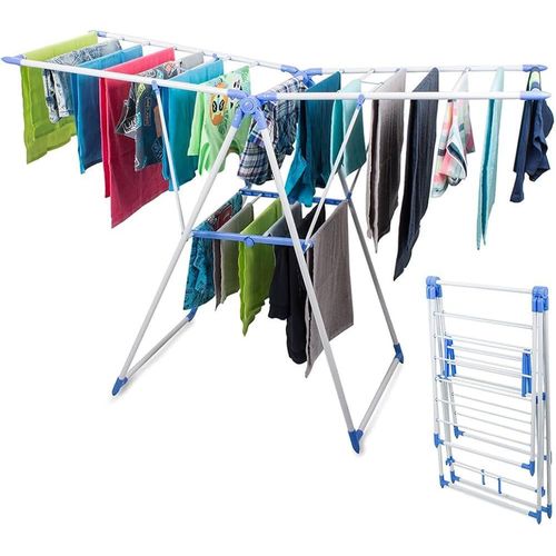 Portable Foldable Clothes Drying Rack - Light Blue/White, Metallic & Plastic, Space-Saving Design