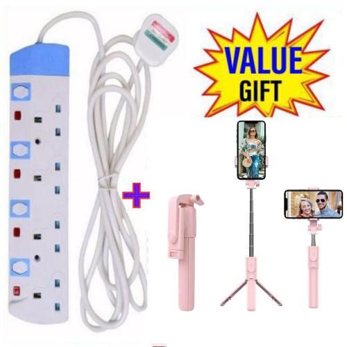COMMERCIAL & HOME BEST 4-WAY POWER EXTENSION WITH LONG CABLE +FREE TRIPOD STAND SELFIE STICK