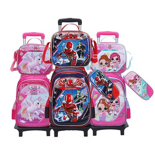 3-in-1 Kids School Backpack Trolley Set with Lunch Box and Pencil Case / roller wheels Grade 2-6