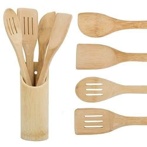 5-Piece Bamboo Kitchen Utensil Set Eco-Friendly Wooden Cooking Spoons Spatulas Heat-Resistant Non-Stick Safe Mwiko Set for Stirring Frying Serving