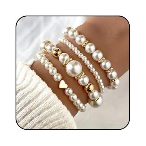Pearl Bracelets for Women Simulated Pearl Beaded Bracelet White Pearls Stackable Stretch Bracelet Set