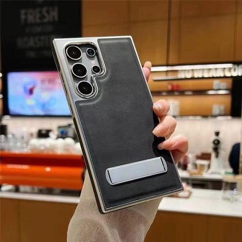 For Galaxy S24 Ultra Case Leather, With Stand Leather Case, Luxury Vegan Leather Case For Galaxy S24 Ultra, Shockproof Phone Case-(Black)