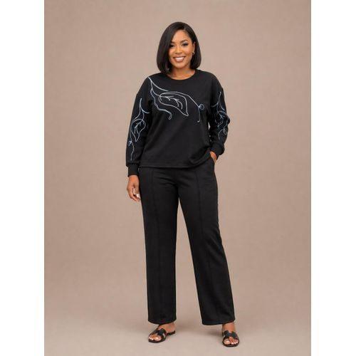 BlackTwo-Piece Lounge Set Printed Long Sleeve Top Straight-Leg Pants
