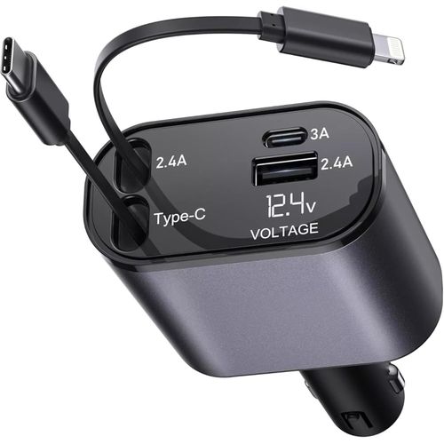 4 in 1 Car Charger, Dual Retractable Cable and Voltage Power Meter Display