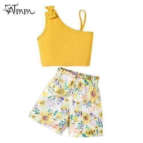 2PCS Kids Girl Suspenders Bow TopFlower 7-8 Years-Yellow