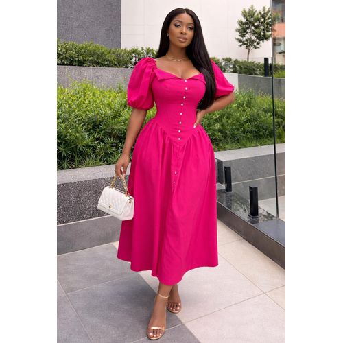 Classy Sweetheart Neck Elegant Puff Sleeve Button-Front Maxi Dress Flared Fit for Women