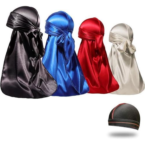 4PCS Silky Durags for Men Women 360 Waves with 1 Wave Cap, Silky Satin Durag Extra Long Tails