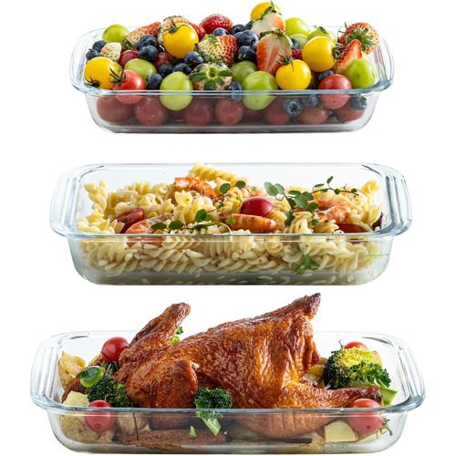 3 Pcs Rectangular Borosilicate Glass Baking Dish Set Oven Proof Casserole Roasting Trays