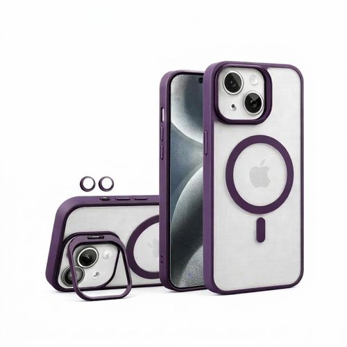 iPhone 13 Clear Magnetic Case – Metal Ring Stand Shockproof Cover with Camera Lens Protection – Purple