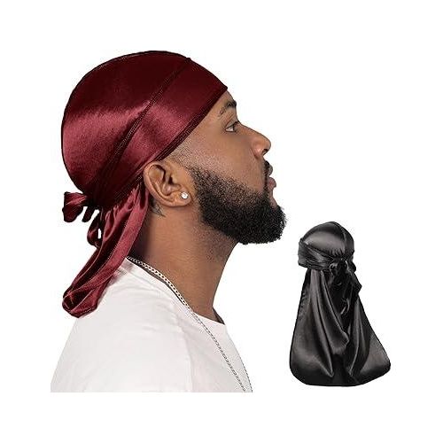 2 Pieces Silky Durag Pack for Men Women Waves, Premium Satin Deluxe Du-rag
