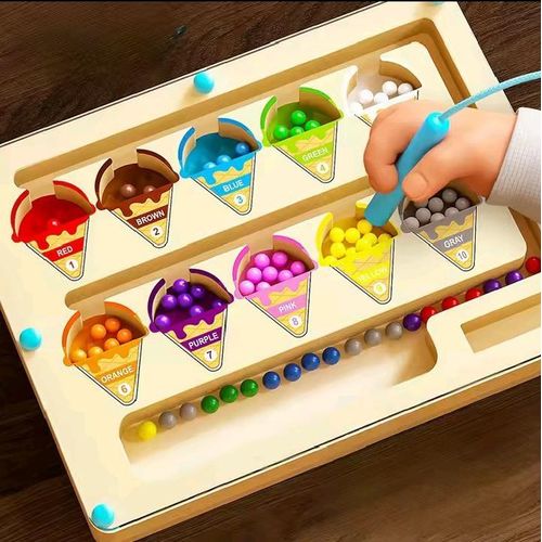 MAGNETIC MAZE TOY WITH MAGNETIC DIGITAL BEADS FOR PUZZLE PRACTICE AND ATTENTION TRAINING WOODEN MONTESSORI BOARD WITH 10 ICE CREAM COLOR SORTING COUNTING BALLS AND TETHERED PEN FINE MOTOR LEARNING GAME IDEAL GIFT FOR KIDS
