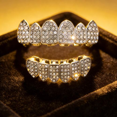 Hip Hop Silver Plated Iced Out Top & Bottom Teeth Caps for Rap & Streetwear Style For Men/women