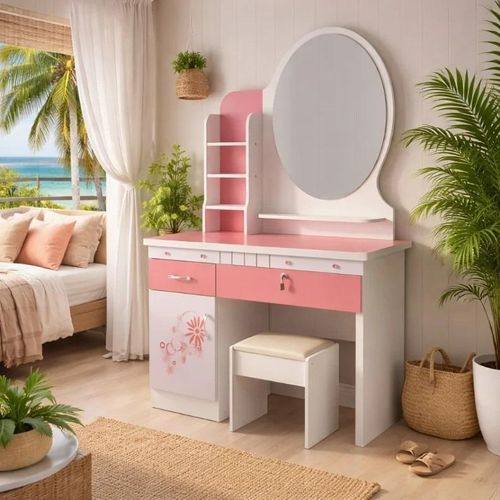 Wooden Vanity Dressing Table Set with Mirror Stool Drawers and Storage Shelves Modern Bedroom Makeup Table