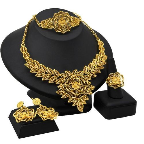 S-341 Gold Plated Jewelry Set For Women African Bridal Necklace Earrings Rings Bracelet - Gold