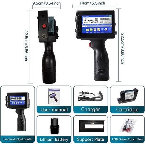 Portable Handheld Inkjet Printe-r 600 DPI 127mm Coding Machine with 42ml Fast-Dry Ink USB Flash Disk Touch Pen Positioning Plate for Expiry Date Batch Barcode QR Code Logo Printing on Metal Plastic Stone Wood Glass Cloth and Carton