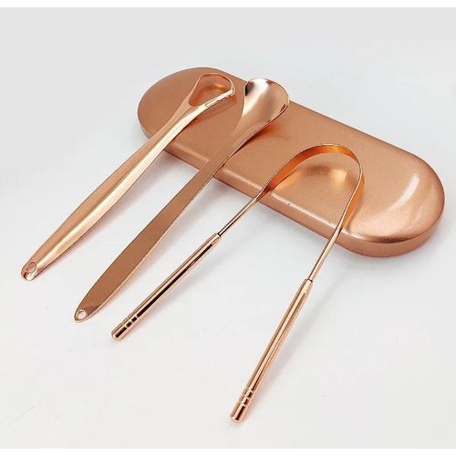 3 Pack Rose Gold Tongue Scrapers With Storage Case U Shaped Tongue Coating Cleaner, Spoon Type Tongue Cleaner, Small Opening Arc Scraper